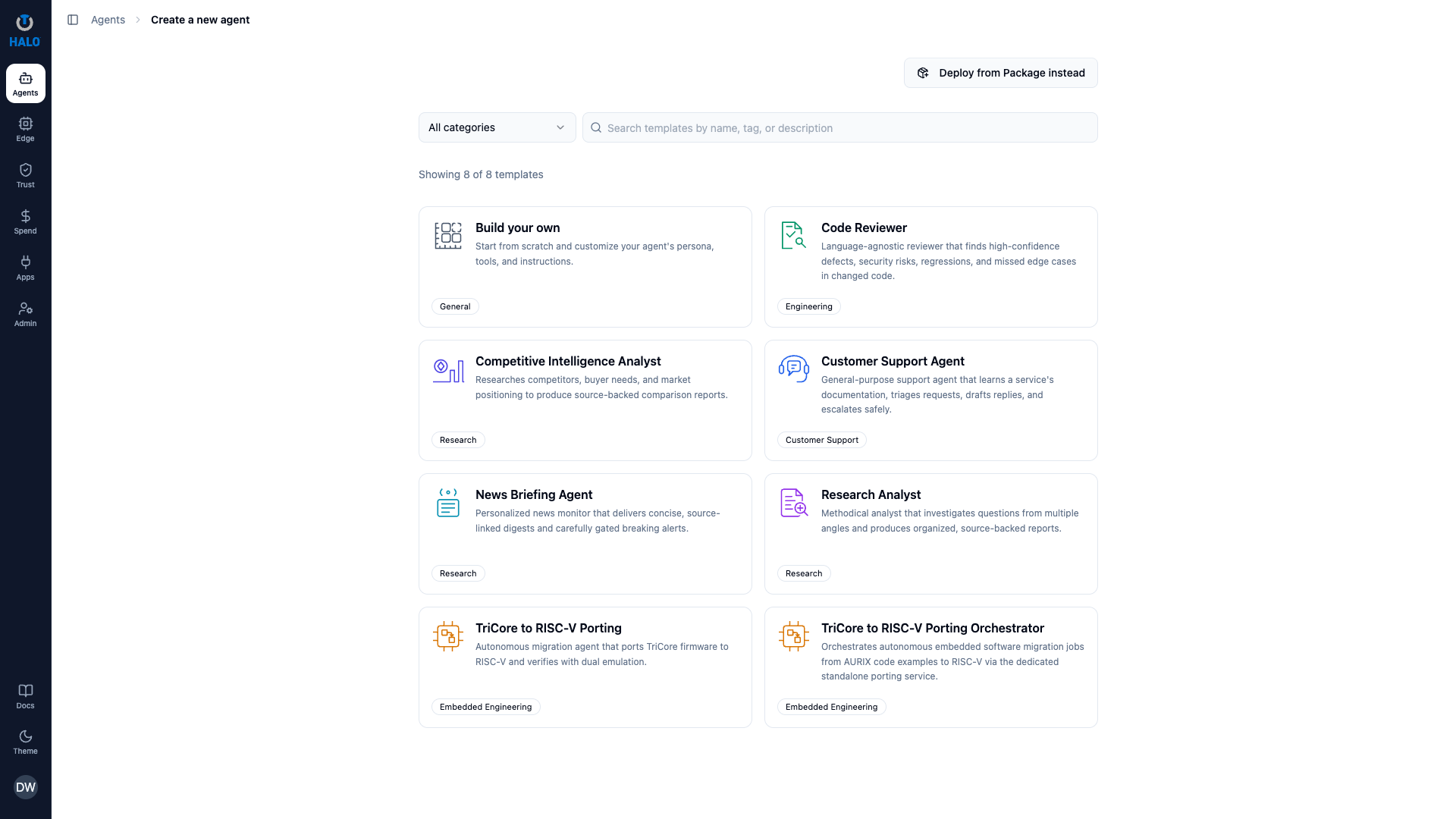 Halo Quick deploy screen. Set the job, model, apps, approvals, and budget together.